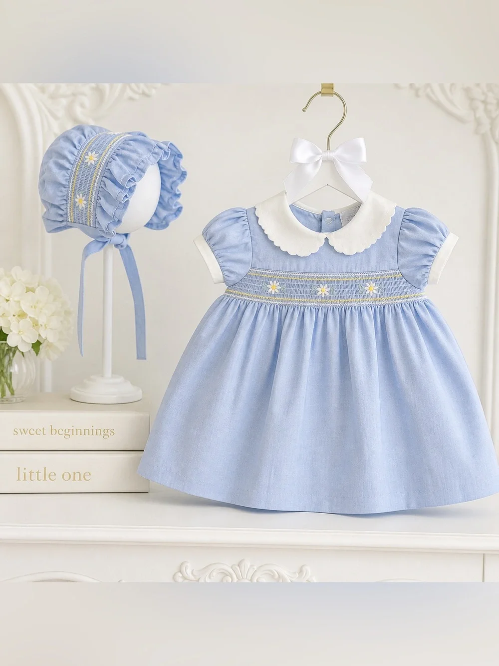Vintage Rare Baby Girl 3-6M Blue Smocked Heirloom Dress with Matching Bonnet HTF